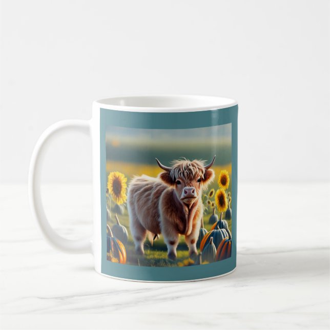 Scottish Highland Baby Cow Sunflower und Pumpkins Kaffeetasse (Links)
