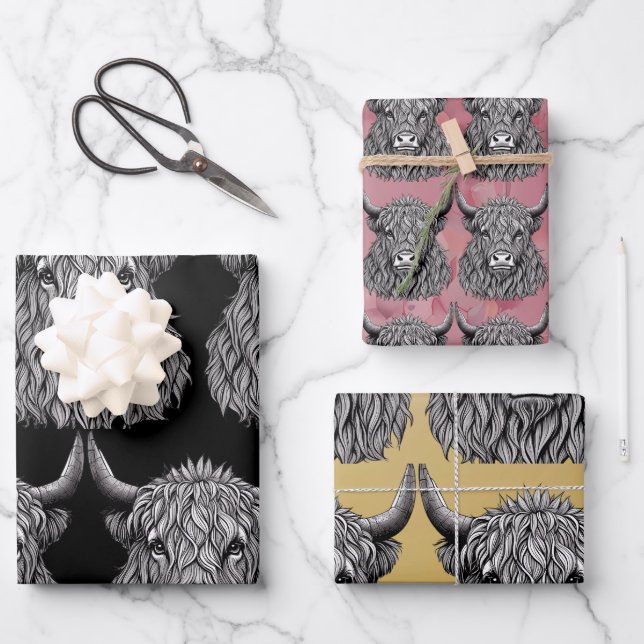 Scottish Highland Bull Illustration Geschenkpapier Set (Vorderseite)