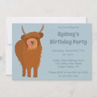 Scottish Highland Cattle Light Blue Birthday Party Einladung
