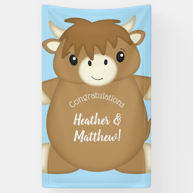 Scottish Highland Cow Baby Shower Blue Banner (Vertikal)