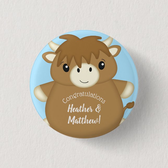 Scottish Highland Cow Baby Shower Blue Button (Vorderseite)
