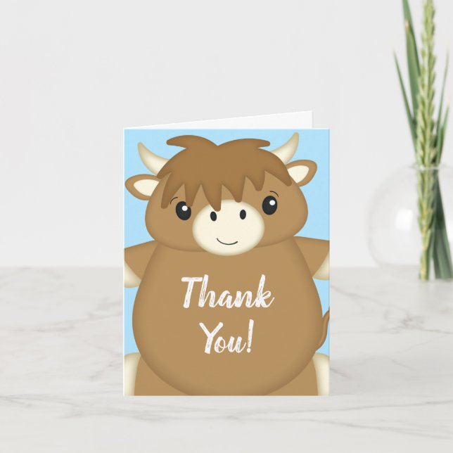 Scottish Highland Cow Baby Shower Blue Dankeskarte (Vorderseite)