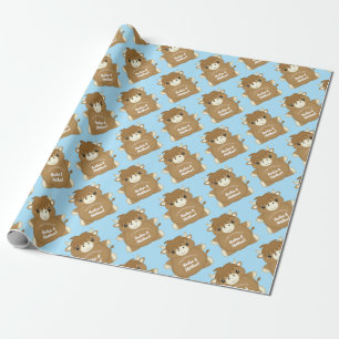 Scottish Highland Cow Baby Shower Blue Geschenkpapier