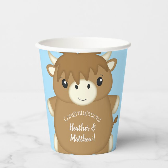 Scottish Highland Cow Baby Shower Blue Pappbecher (Vorderseite)