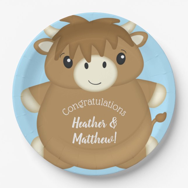 Scottish Highland Cow Baby Shower Blue Pappteller (Vorderseite)