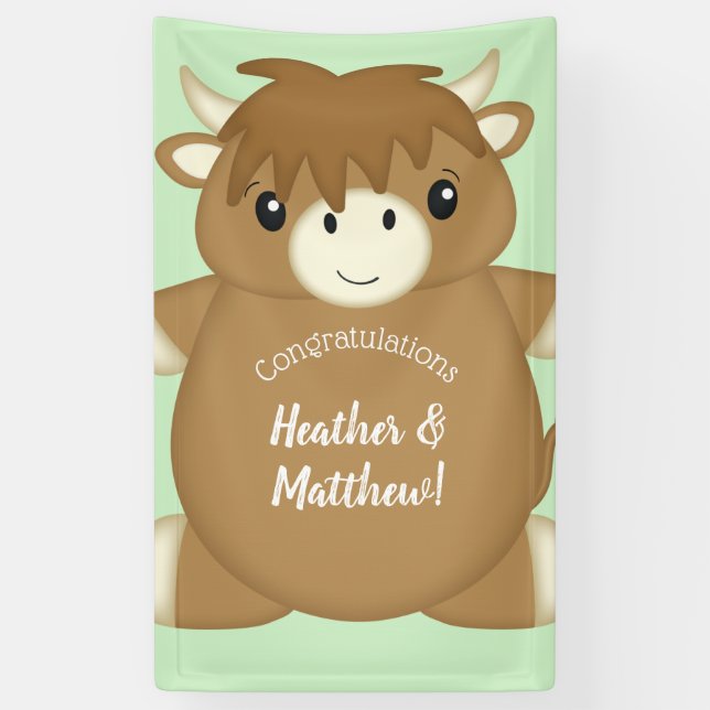 Scottish Highland Cow Baby Shower Green Banner (Vertikal)