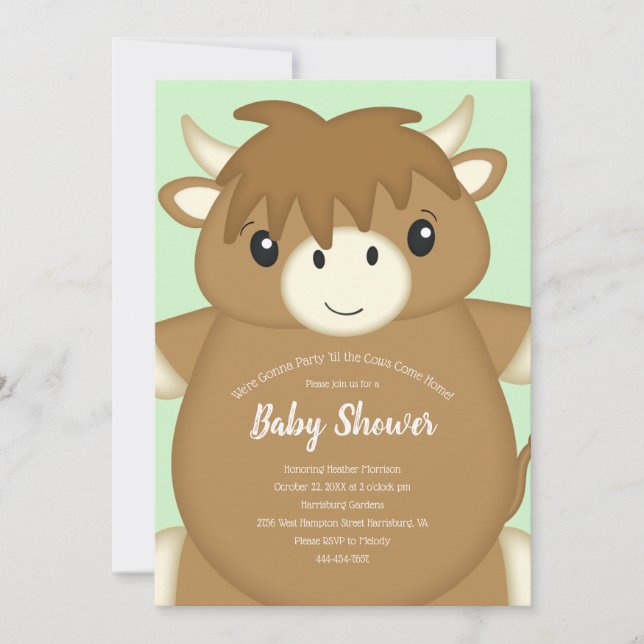 Scottish Highland Cow Baby Shower Green Einladung (Vorderseite)