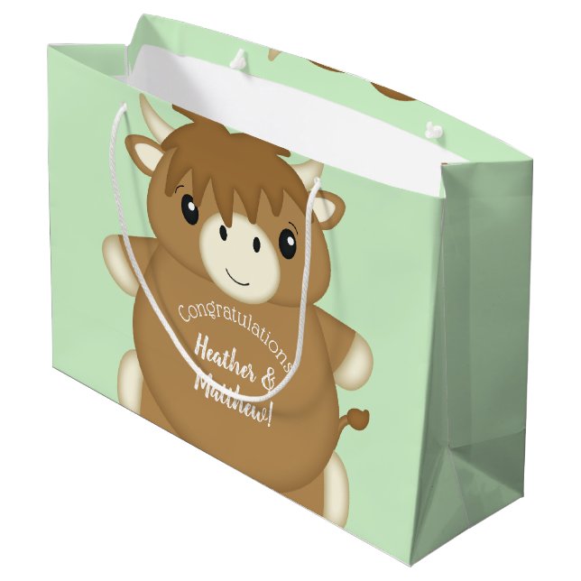 Scottish Highland Cow Baby Shower Green Große Geschenktüte (Rückseite Schrägansicht)