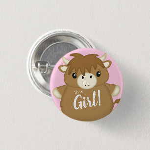 Scottish Highland Cow Baby Shower Pink Button