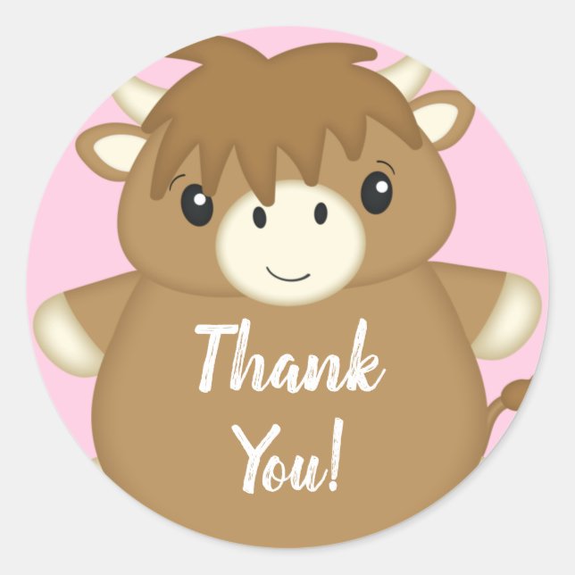 Scottish Highland Cow Baby Shower Pink Runder Aufkleber (Vorderseite)