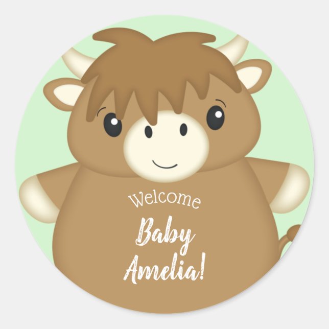 Scottish Highland Cow Baby Shower Runder Aufkleber (Vorderseite)