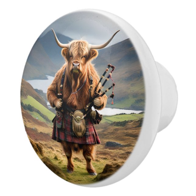 Scottish Highland Cow Bagpipe Player, Keramikknauf (Rechts)