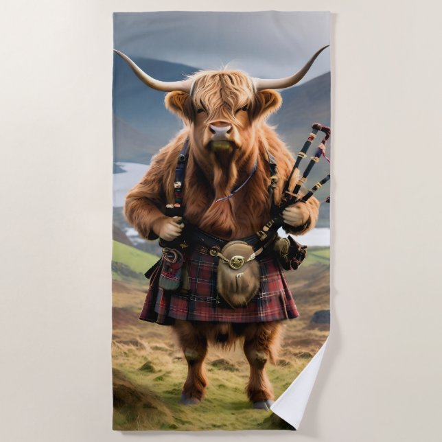 Scottish Highland Cow Bagpiper, Strandtuch (Vorderseite)