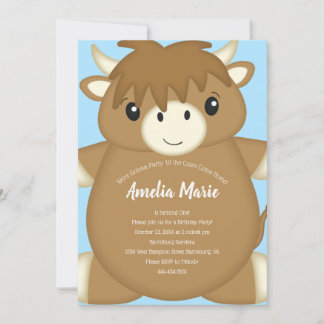 Scottish Highland Cow Birthday Party Blue Einladung
