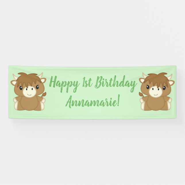 Scottish Highland Cow Birthday Party Green Banner (Horizontal)
