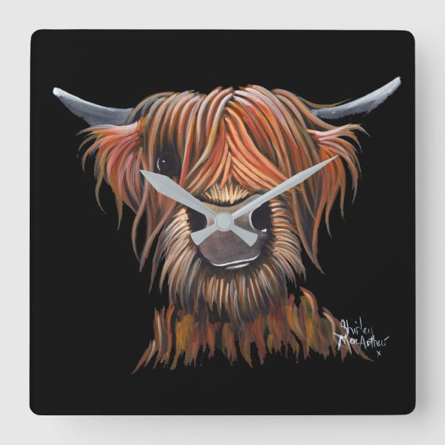 Scottish Highland Cow 'BRUCE Clock Quadratische Wanduhr (Vorderseite)