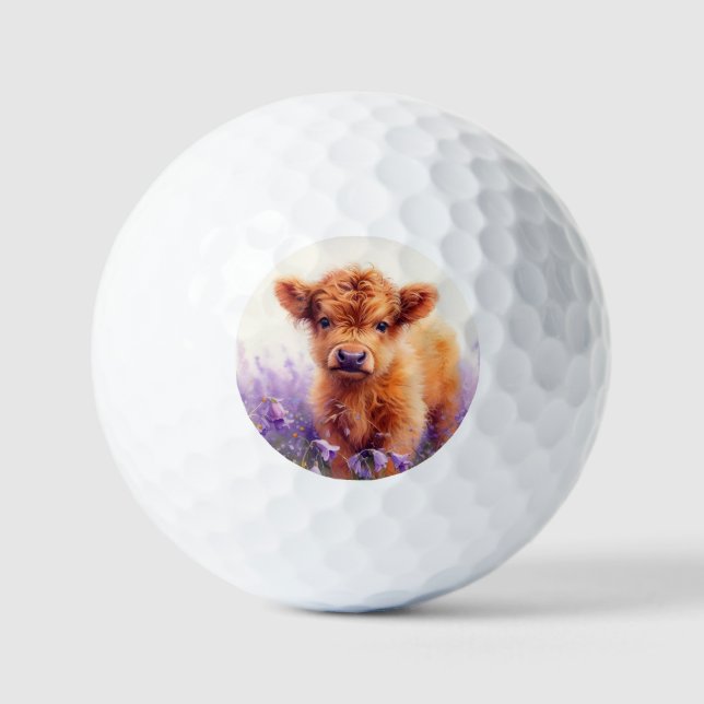 Scottish Highland Cow Calf Lila Wildblumen Golfball (Vorderseite)