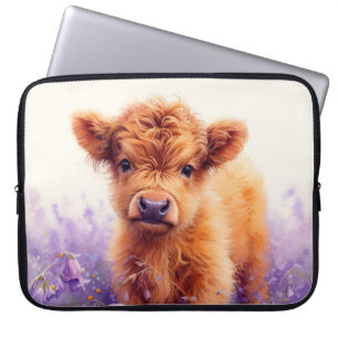 Scottish Highland Cow Calf Lila Wildblumen Laptopschutzhülle