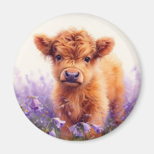 Scottish Highland Cow Calf Lila Wildblumen Magnet
