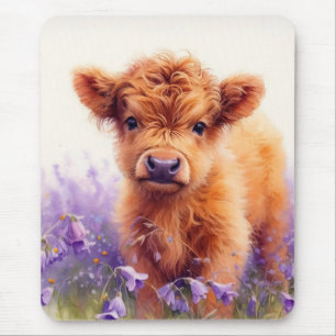 Scottish Highland Cow Calf Lila Wildblumen Mousepad