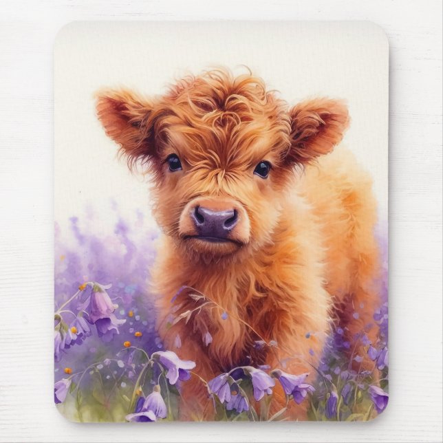 Scottish Highland Cow Calf Lila Wildblumen Mousepad (Vorne)