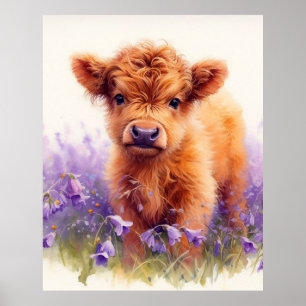 Scottish Highland Cow Calf Lila Wildblumen Poster