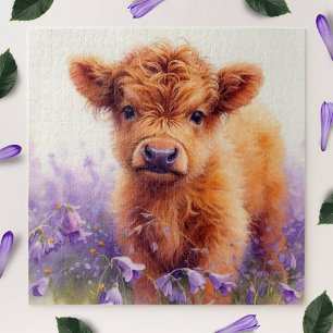 Scottish Highland Cow Calf Lila Wildblumen Puzzle