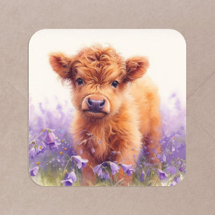 Scottish Highland Cow Calf Lila Wildblumen Quadratischer Aufkleber