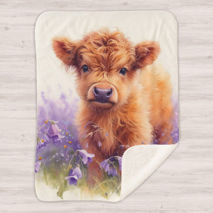 Scottish Highland Cow Calf Lila Wildblumen Sherpadecke