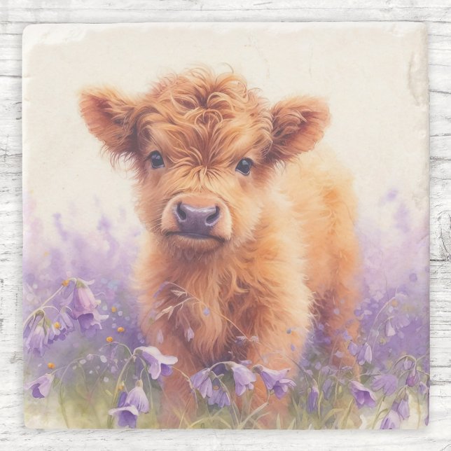 Scottish Highland Cow Calf Lila Wildblumen Steinuntersetzer (Von Creator hochgeladen)