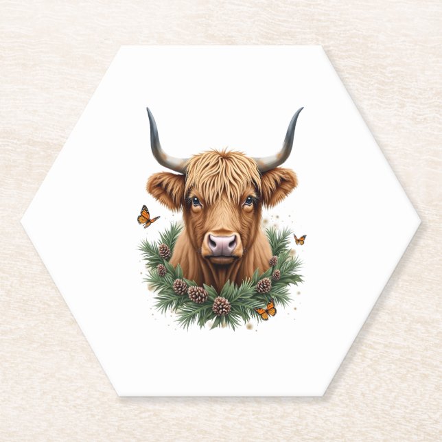 Scottish Highland Cow Cattle Hairy Cow Christmas W Untersetzer (Vorderseite)