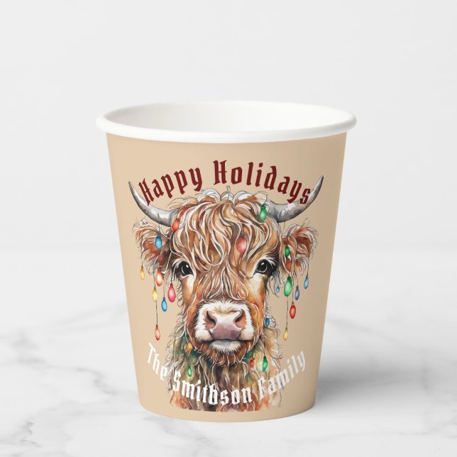 Scottish Highland Cow Christmas Lights Pappbecher (Vorderseite)