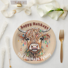 Scottish Highland Cow Christmas Lights Pappteller