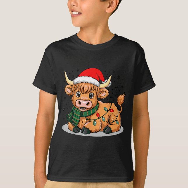 Scottish Highland Cow Christmas Lights Xmas Party  T-Shirt (Vorderseite)