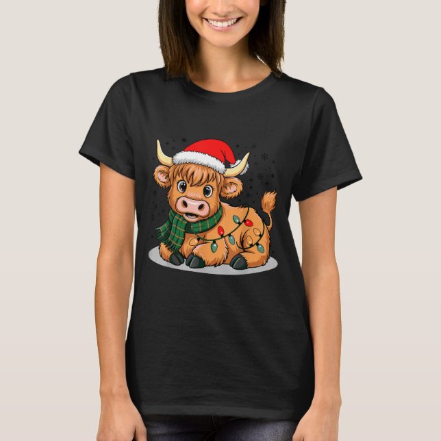 Scottish Highland Cow Christmas Lights Xmas Party  T-Shirt (Vorderseite)
