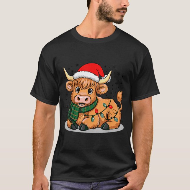 Scottish Highland Cow Christmas Lights Xmas Party  T-Shirt (Vorderseite)