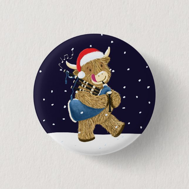 Scottish Highland Cow Christmas Piper Button (Vorderseite)