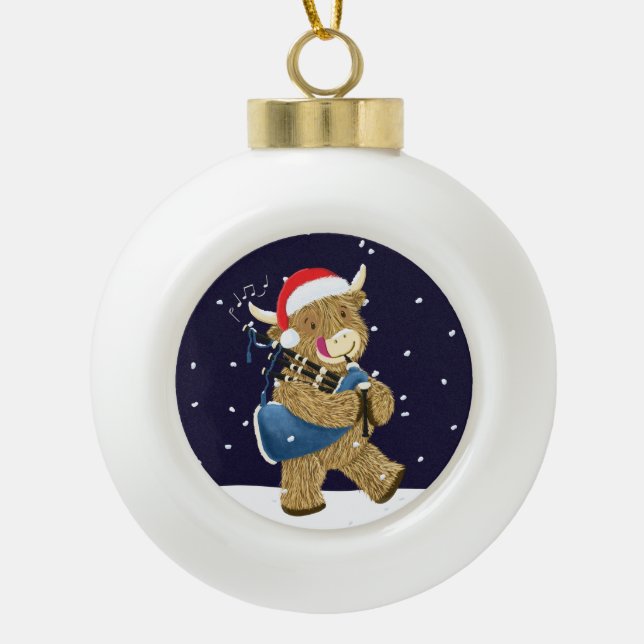 Scottish Highland Cow Christmas Piper Keramik Kugel-Ornament (Vorderseite)