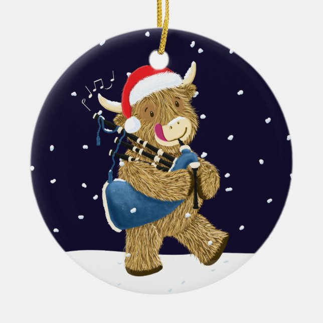 Scottish Highland Cow Christmas Piper Keramik Ornament (Vorne)