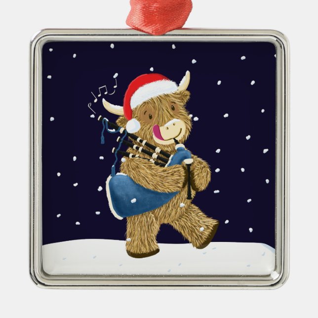 Scottish Highland Cow Christmas Piper Ornament Aus Metall (Vorne)