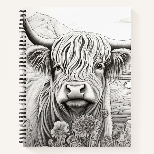 Scottish Highland Cow Friedlich Nature Prairie Art Notizbuch (Vorderseite)