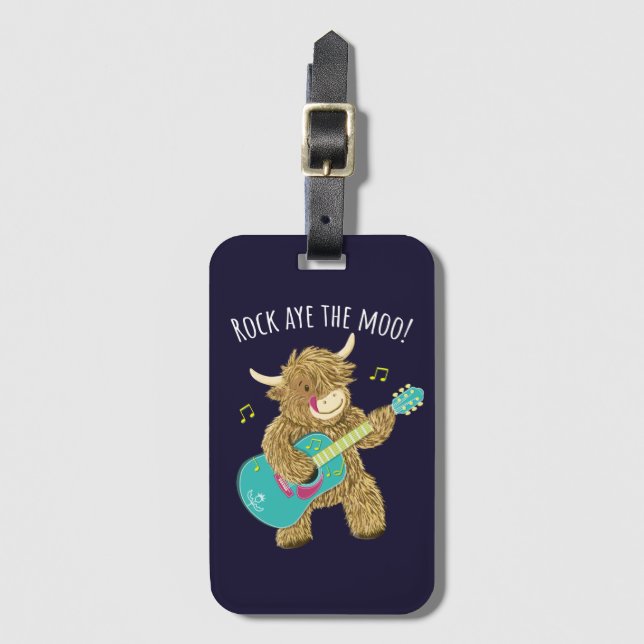 Scottish Highland Cow Gitarrist Rock Aye The Moo!  Gepäckanhänger (Vorderseite Vertikal)