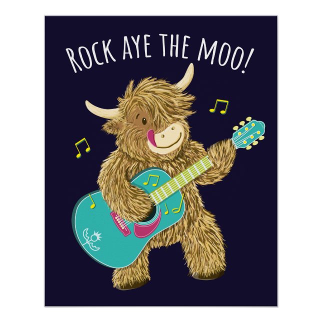 Scottish Highland Cow Gitarrist Rock Aye The Moo! Poster (Vorderseite)
