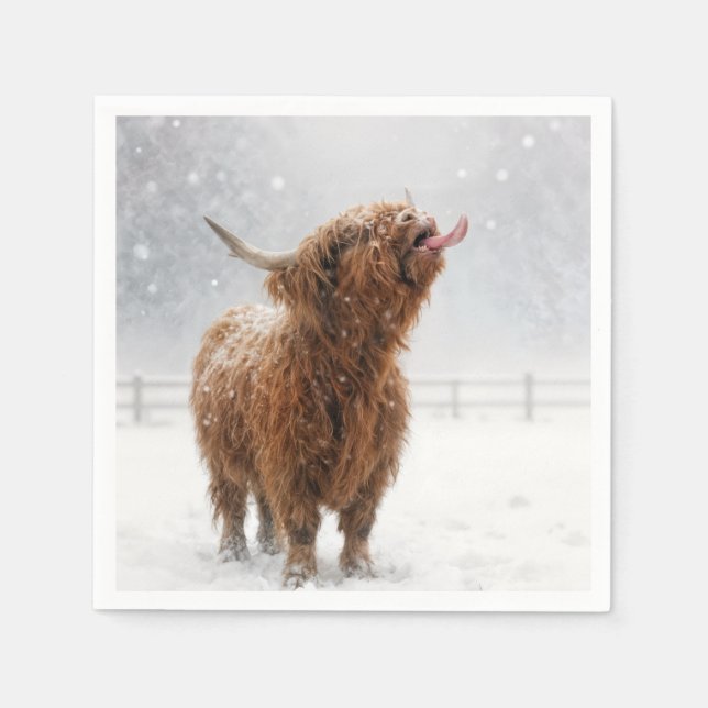 Scottish Highland Cow Licking Snowflakes Serviette (Vorderseite)