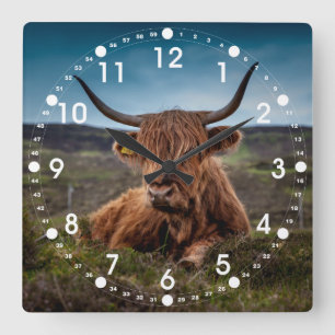Scottish Highland Cow Longhorn Bull Rancher Quadratische Wanduhr