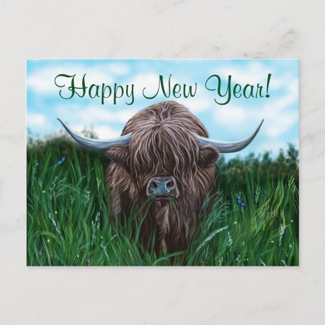 Scottish Highland Cow Painting Feiertagspostkarte (Vorderseite)