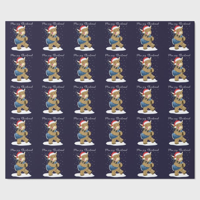 Scottish Highland Cow Plays Christmas Bagpipe Geschenkpapier (Saum)