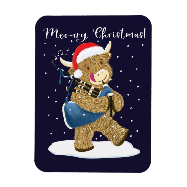 Scottish Highland Cow Plays Christmas Bagpipe Magnet (Vertikal)