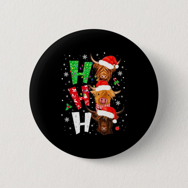 Scottish Highland Cow Print Ho Ho Ho Christmas Paj Button (Vorderseite)
