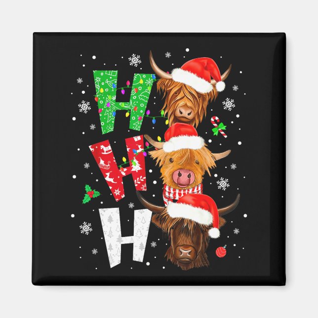 Scottish Highland Cow Print Ho Ho Ho Christmas Paj Magnet (Vorne)